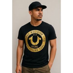 True Religion Black Gold Logo Graphic Tee The Buddha Brand USA Large